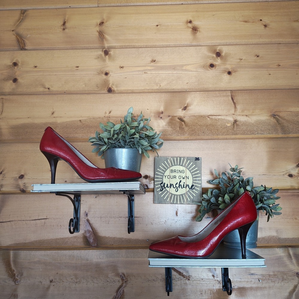Michael Kors Flex Mid Pump Red Texture Emboss Patent Leather Heels Point Toe 9 M - Picture 1 of 10